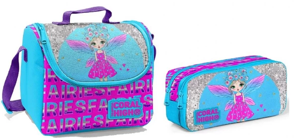 Coral High Beslenme Çantası ve Kalemlik Takım - Pembe - Mavi - Kanatlı Peri - Kız Çocuk ürün görseli 1