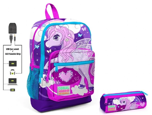 Coral High Mor Unicorn Baskılı İlkokul Sırt Çantası ve Kalemlik Seti - Kız Çocuk - USB Soketli ürün görseli 1