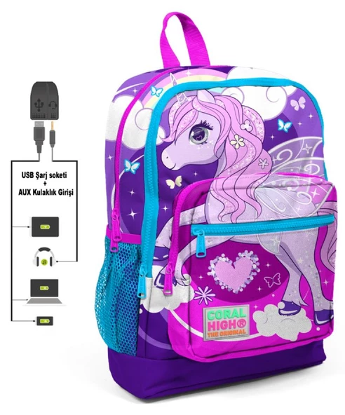 Coral High Mor Unicorn Baskılı İlkokul ve Günlük Sırt Çantası - Kız Çocuk - USB ve AUX Soketli ürün görseli 1