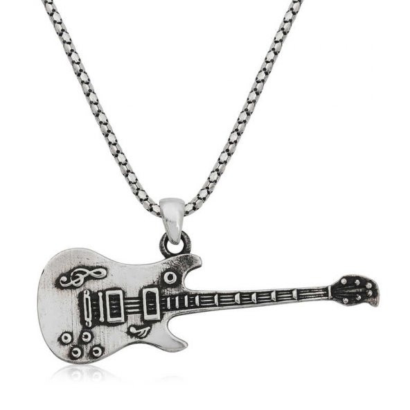 ​Gümüş Elektro Gitar Erkek Kolye - Resim 4