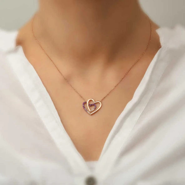 Gümüş Rose İki Kalp Bayan Kolye ürün görseli 1