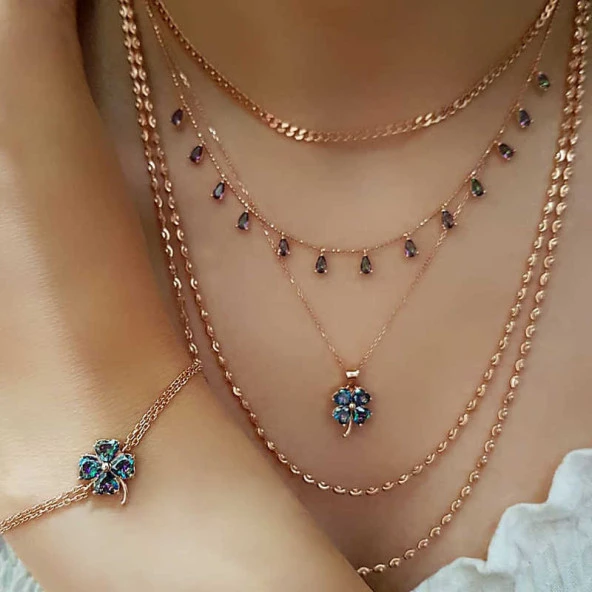Gümüş Rose Mistik Topaz Yonca Bayan Bileklik - Resim 3