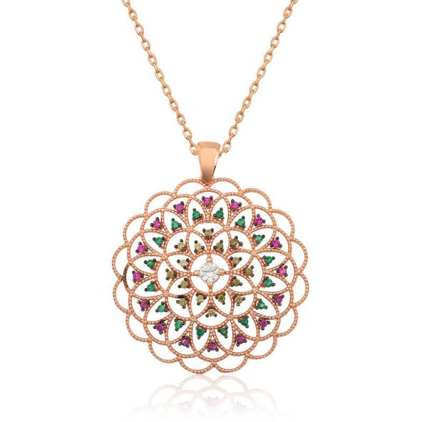 Gümüş Rose Geometrik Desenli Madalyon Kolye ürün görseli 1