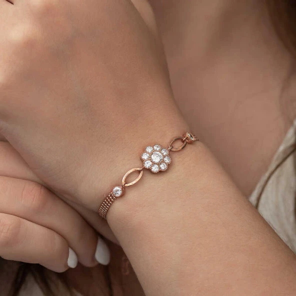 Gümüş Rose Çiçek Modelli Bileklik - Resim 3