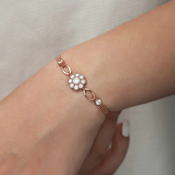 Gümüş Rose Çiçek Modelli Bileklik - Resim 5