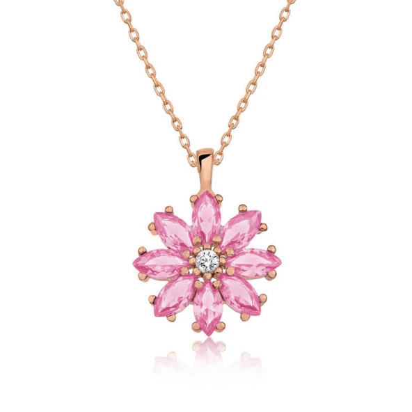 Gümüş Rose Pembe Çiçek Kolye ürün görseli 1