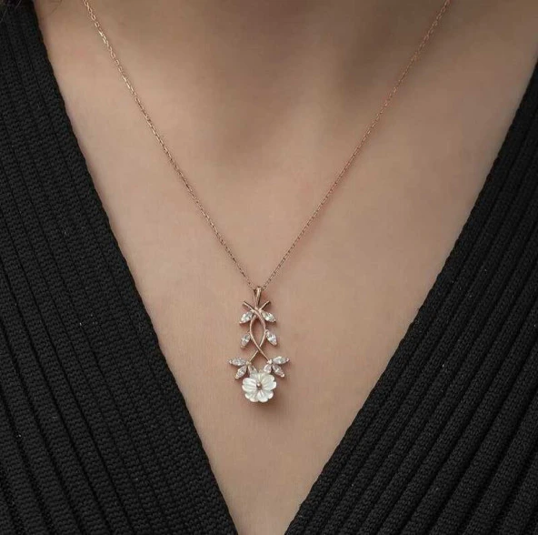 Gümüş Rose Beyaz Bahar Çiçeği Kolye - Resim 4