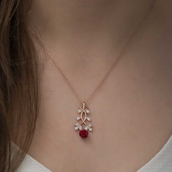 ​Gümüş Rose Kırmızı Gül Kolye - Resim 3