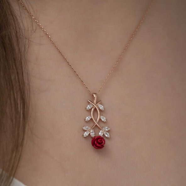 ​Gümüş Rose Kırmızı Gül Kolye - Resim 4