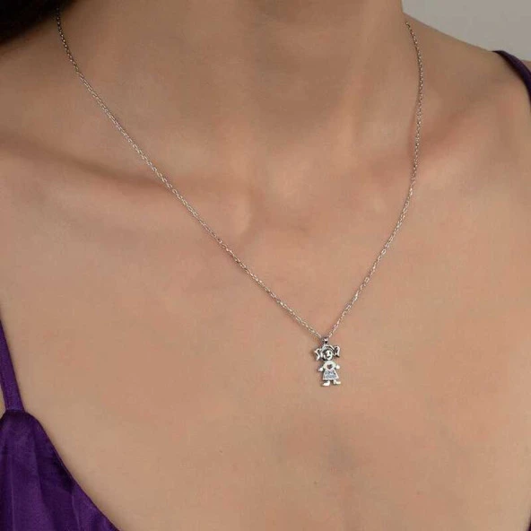 Swarovski Taşlı Gümüş Kız Çocuk Bayan Kolye ürün görseli 1