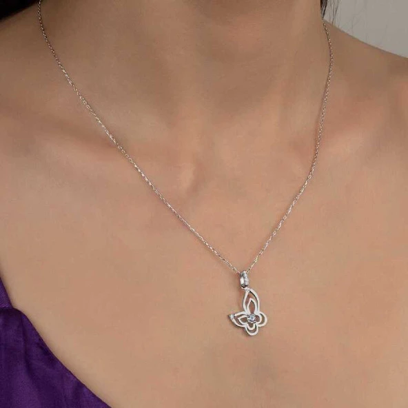 Swarovski Taşlı Gümüş Kelebek Bayan Kolye ürün görseli 1