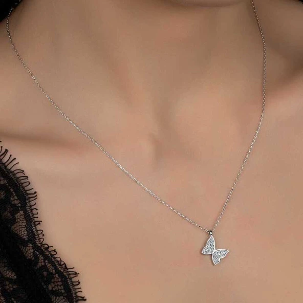 Swarovski Taşlı Gümüş Kelebek Bayan Kolye ürün görseli 1