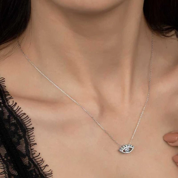 Swarovski Taşlı Gümüş Göz Tektaş Bayan Kolye ürün görseli 1