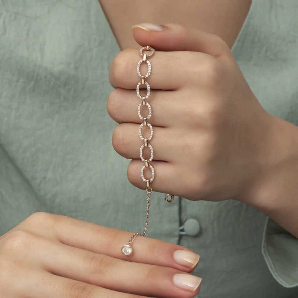 Gümüş Rose Oval Taşlı Bayan Bileklik - Resim 5