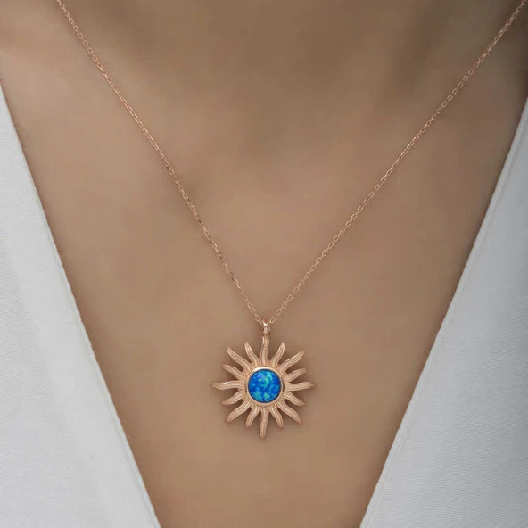 ​Gümüş Rose Mavi Opal Taşlı Güneş Kadın Kolye ürün görseli 1