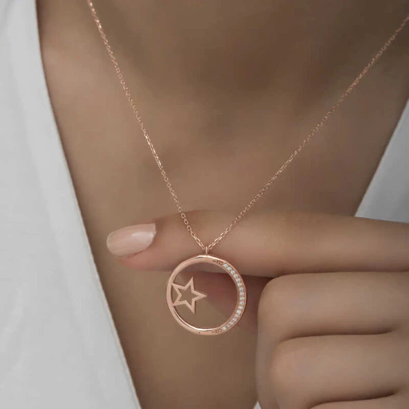 Gümüş Rose Yıldız Detaylı Halka Kadın Kolye ürün görseli 1