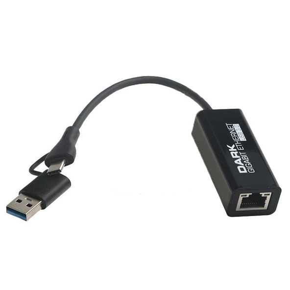 DARK USB-A 3.0-Type-C GIGABIT ETHERNET DÖNÜŞTÜRÜCÜ ÇİFT BAŞ DK-NT-U3GLAN ürün görseli 1