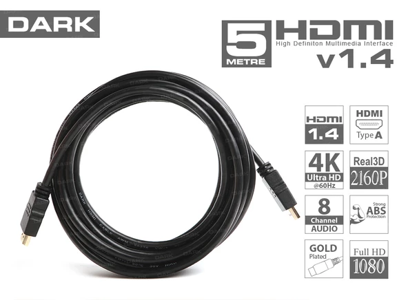 DARK 5 Metre 4K - 3D, Ağ Destekli, Dual Molding,Altın Uçlu HDMI Kablo DK-HD-CV14L500 ürün görseli 1