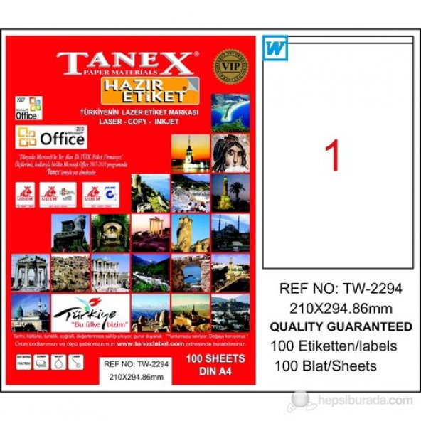 Tanex TW-2294 210x294,86 mm Laser Etiket 100 Ad. ürün görseli 1