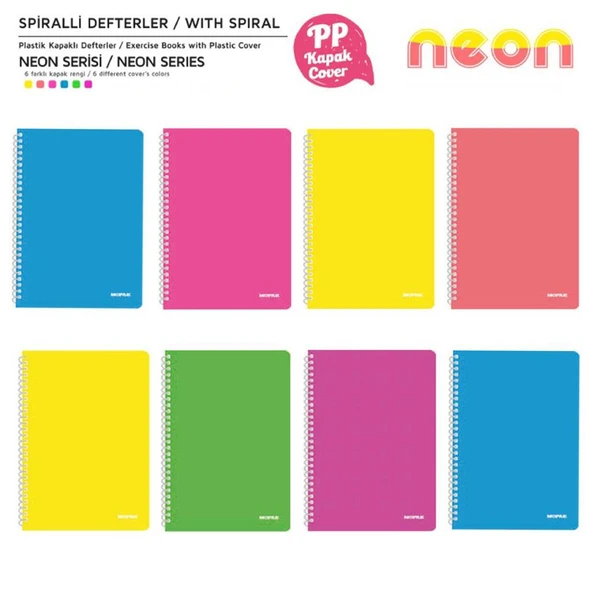 Mopak Neon Serisi Spiralli Defter PP Kapak 96 Yaprak Kareli 8'Lİ ürün görseli 1