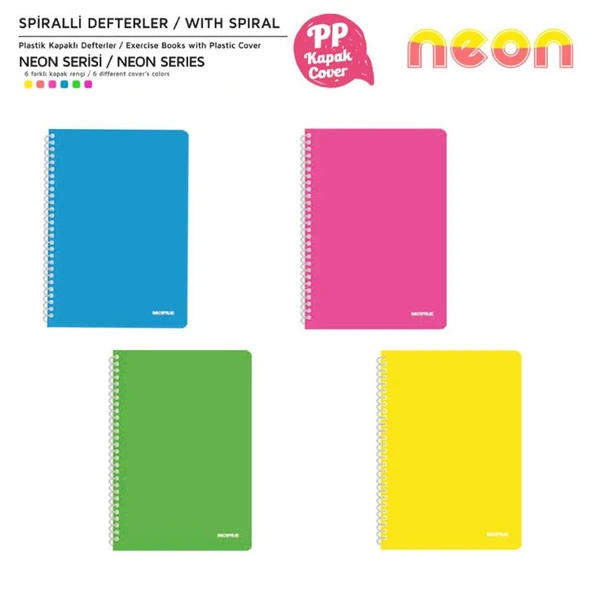 Mopak Neon Serisi Spiralli Defter PP Kapak 96 Yaprak Kareli 4'LÜ ürün görseli 1