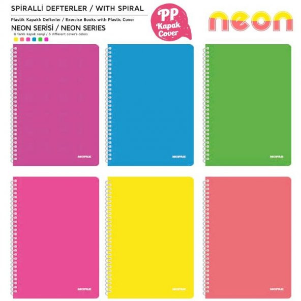 Mopak Neon Serisi  A4 Spiralli PP Kapak Defter 72 Yp Kareli ürün görseli 1
