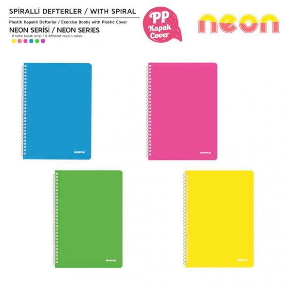 Mopak Neon Serisi  A4 Spiralli PP Kapak Defter 72 Yp Kareli 4LÜ ürün görseli 1