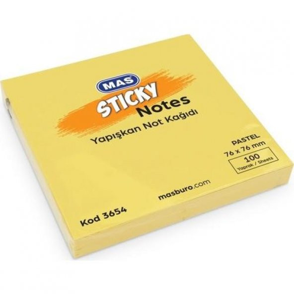 Mas 3654 Pastel Sarı 100 Yaprak Yapışkanlı Not Kağıdı 76 x 76 mm ürün görseli 1