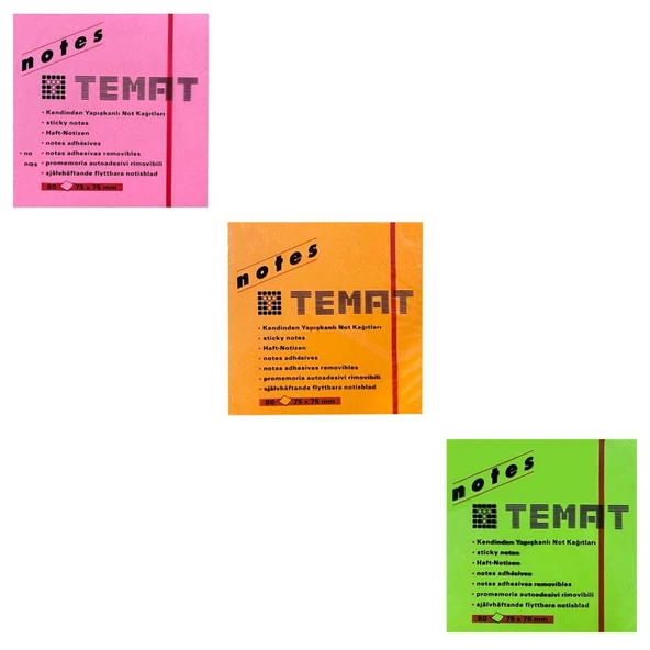 Temat 75 X 75 Mm Postit - Yapışkanlı Kağıt Fosforlu Turuncu - Pembe - Yeşil ürün görseli 1