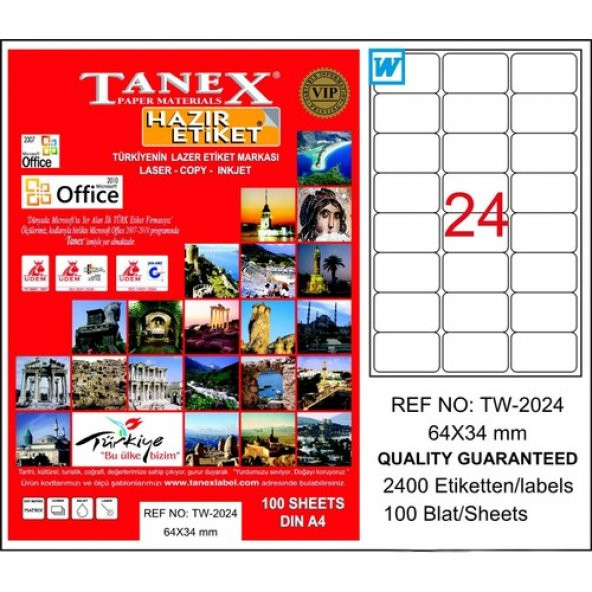 Tanex TW-2024 64x34 mm Laser Etiket 100 Ad. ürün görseli 1