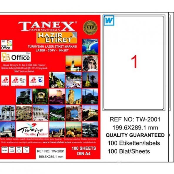 Tanex TW-2001 199,6x289,1 mm Laser Etiket 100 Ad. ürün görseli 1