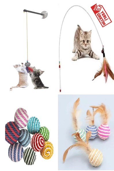 TİNEKE 4 LÜ SET 1 ADET İP SARMA TOP 1 ADET VANTUZLU KEDİ OLTASI 1 ADET TÜYLÜ TOP 1 ADET 90 CM OLTA ürün görseli 1