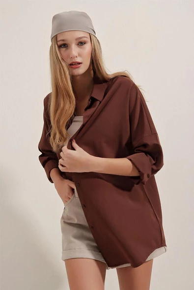 Kadın Oversize Gömlek Kahverengi - Resim 5