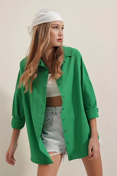 Kadın Oversize Gömlek Yeşil - Resim 4