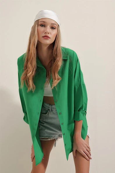 Kadın Oversize Gömlek Yeşil - Resim 5