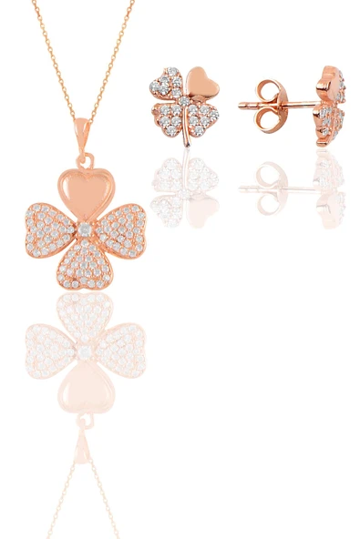 Gümüş rose zirkon taşlı yonca kolye ve küpe ikili set SGTL11667ROSE ürün görseli 1
