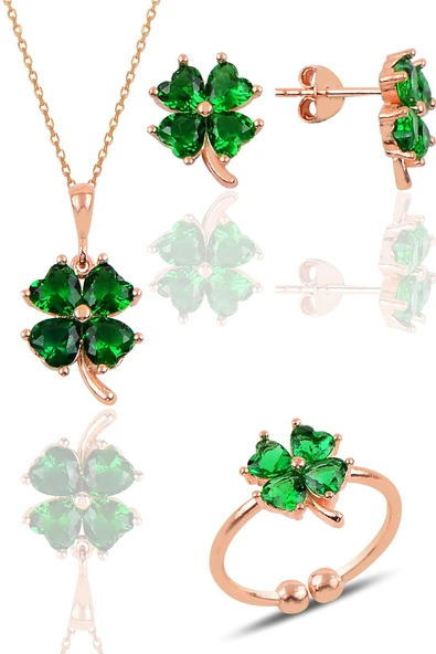 Gümüş rose kök zümrüt taşlı yonca kolye küpe ve yüzük üçlü set SGTL11664YESIL ürün görseli 1