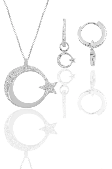 Gümüş rodyumlu zirkon taşlı ay yıldız kolye ve küpe ikili set SGTL11668RODAJ ürün görseli 1