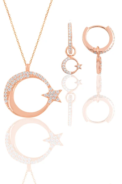 Gümüş rose zirkon taşlı ay yıldız kolye ve küpe ikili set SGTL11668ROSE ürün görseli 1