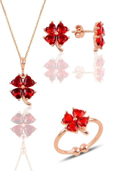 Gümüş rose kırmızı taşlı yonca kolye küpe ve yüzük üçlü set SGTL11664KIRMIZI ürün görseli 1