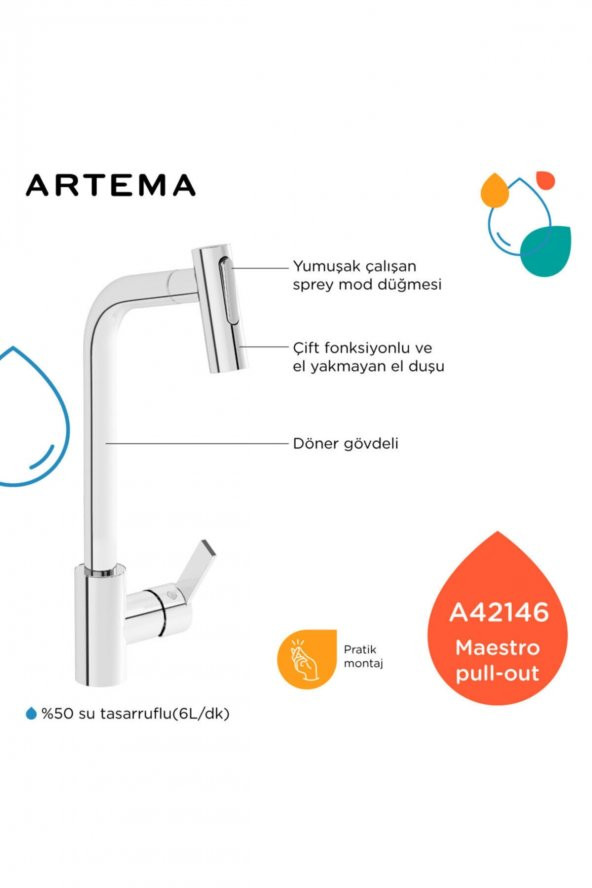 Artema Maestro A42146 Pull-Out Krom Mutfak Bataryası - Resim 3