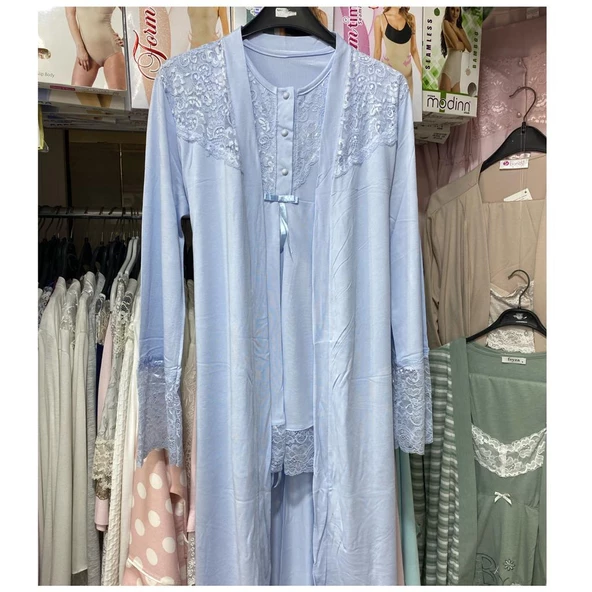 Nehirsel  3022 Mavi Hamile Lohusa 3 Lü Pijama Sabahlık Tk ürün görseli 1