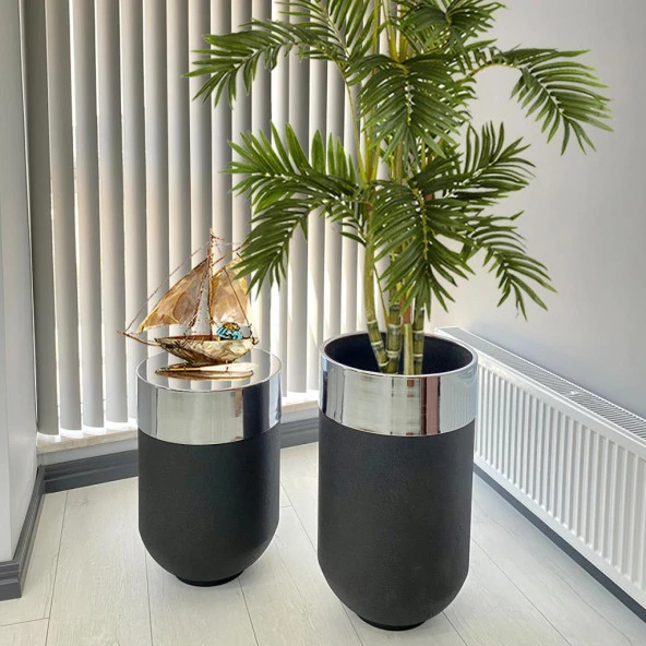 Dekoratif Gümüş Darbuka Siyah Saksı 70 cm+Sehpa 60 cm (ikili set) ürün görseli 1