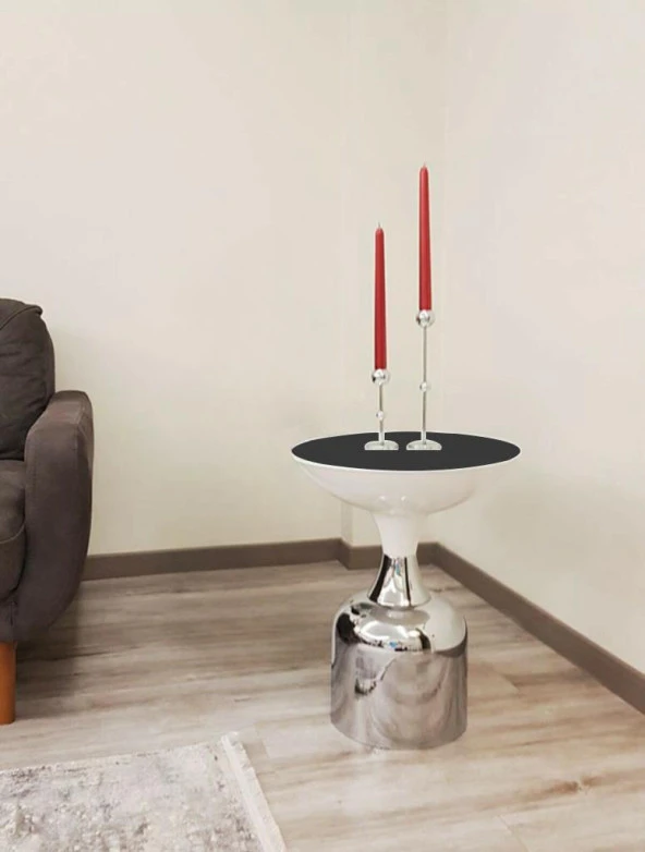 Olympos Dekoratif Parlak Beyaz Kısa Model Krom Sehpa 50 cm ürün görseli 1