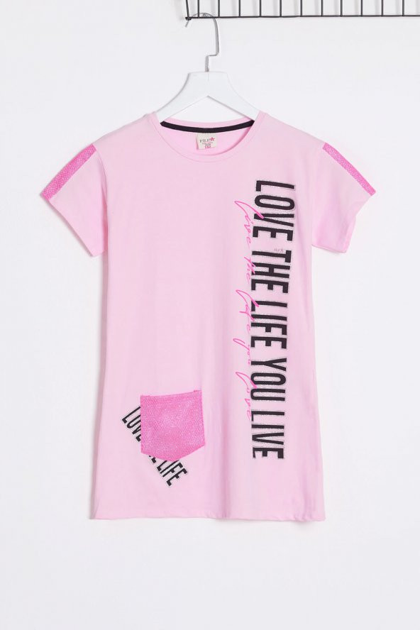 Kız Çocuk Toz Pembe Simli Yazı Baskı 6-13 Yaş T-Shirt 1963-1 ürün görseli 1