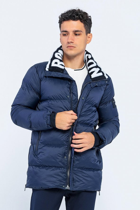 Erkek Regular Fit Fermuarlı Kendinden Eldivenli Rüzgar ve Su Geçirmez Peluş Yaka Kışlık Şişme Mont - Resim 3
