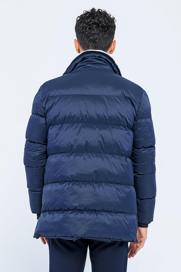 Erkek Regular Fit Fermuarlı Kendinden Eldivenli Rüzgar ve Su Geçirmez Peluş Yaka Kışlık Şişme Mont - Resim 7