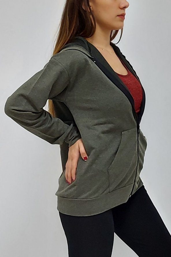 Kapüşonlu Fermuarlı Sweatshirt Haki - Resim 3