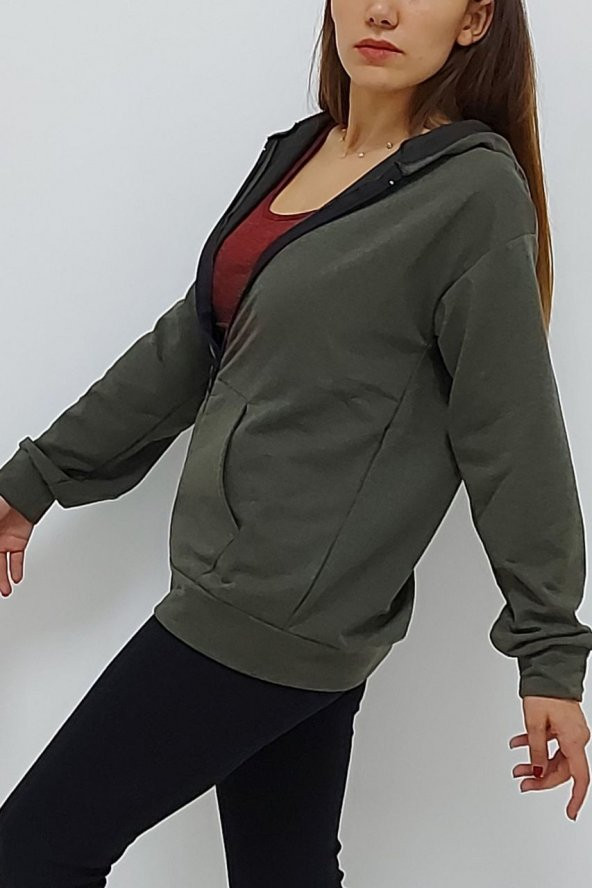 Kapüşonlu Fermuarlı Sweatshirt Haki - Resim 4