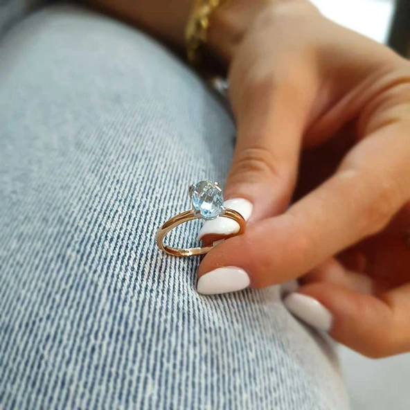 14k Altın Mavi Topaz Taşlı Yüzük ürün görseli 1